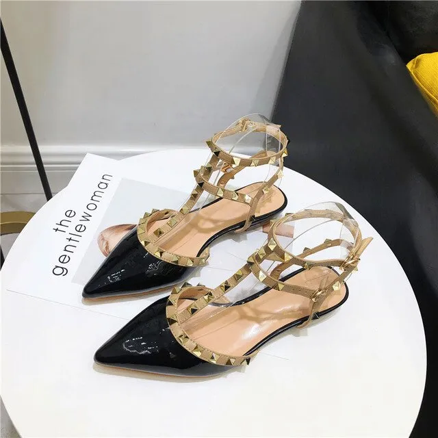2020 New Spring Ankle Strap Women Flat Leopard Shoes T-strap Pointed Toe Rivet Flat Sandals Woman Party Dress Shoes