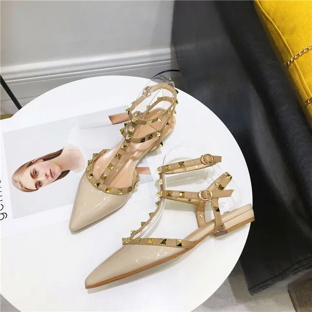 2020 New Spring Ankle Strap Women Flat Leopard Shoes T-strap Pointed Toe Rivet Flat Sandals Woman Party Dress Shoes