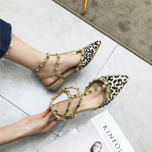2020 New Spring Ankle Strap Women Flat Leopard Shoes T-strap Pointed Toe Rivet Flat Sandals Woman Party Dress Shoes