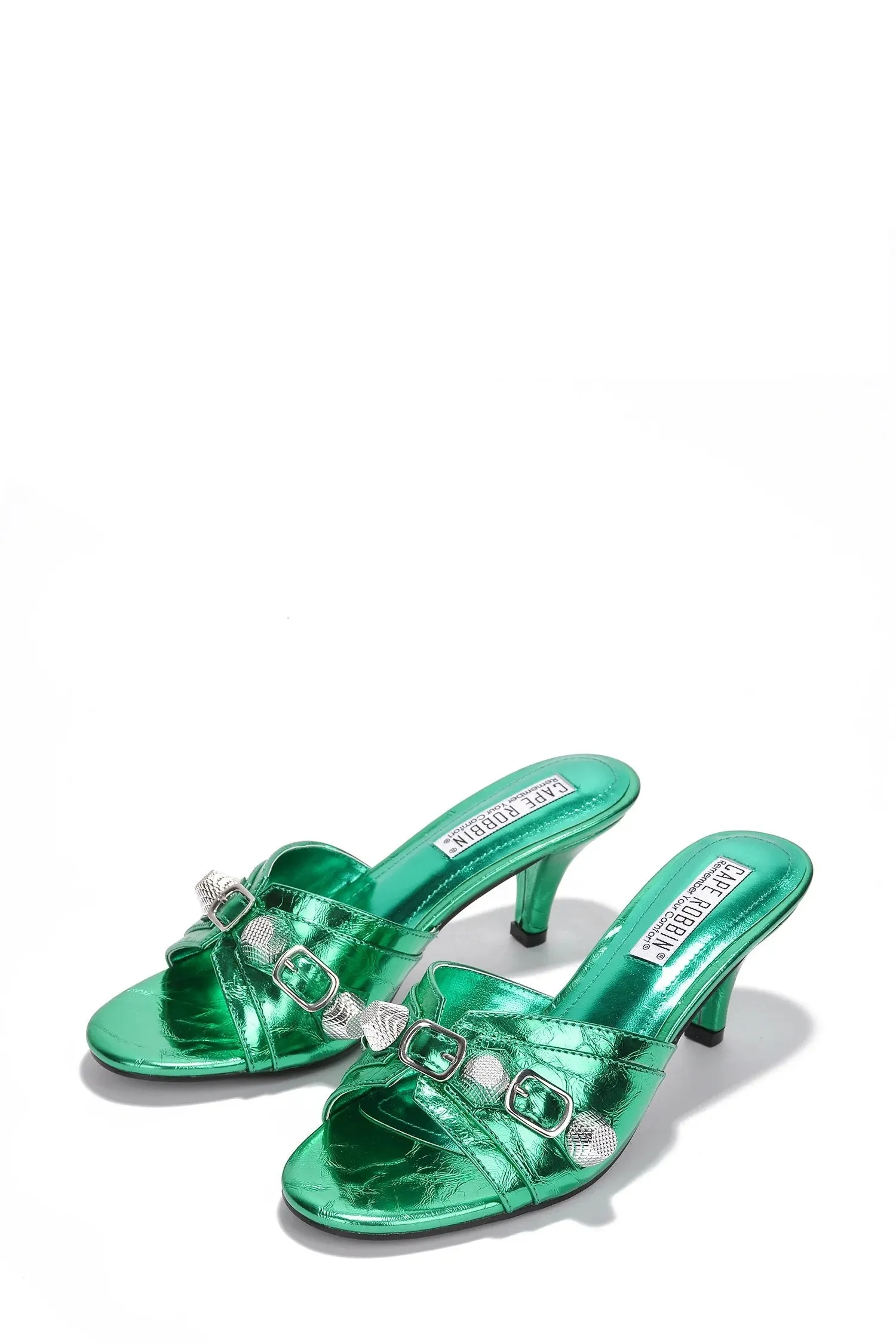 Cape Robbin Cameli Green Stud Detail Kitten Heel Slip On Open Rounded Toe Pumps