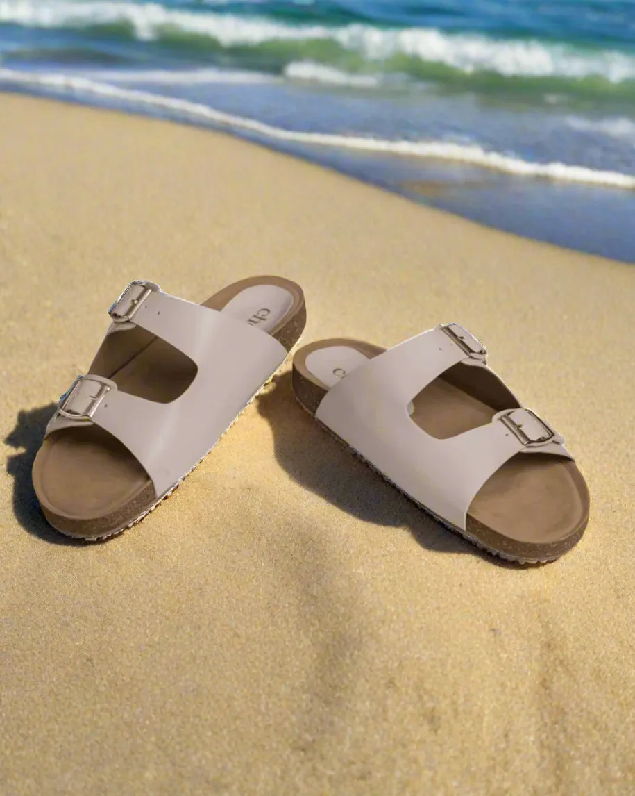 Chere Comfort Chic Dual-Buckle Slip-On Sandals – Beige