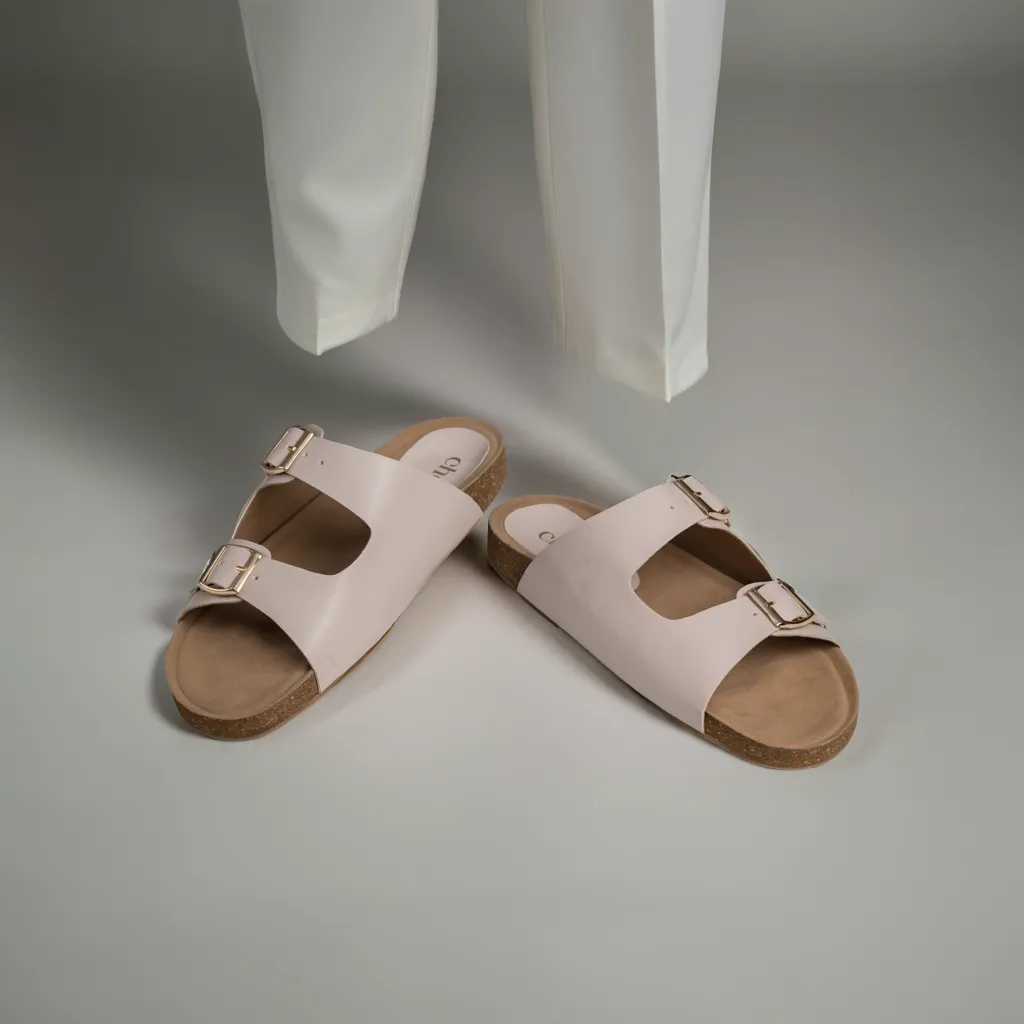 Chere Comfort Chic Dual-Buckle Slip-On Sandals – Beige