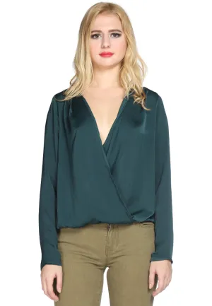 Green Satin Surplice Neck Casual Top