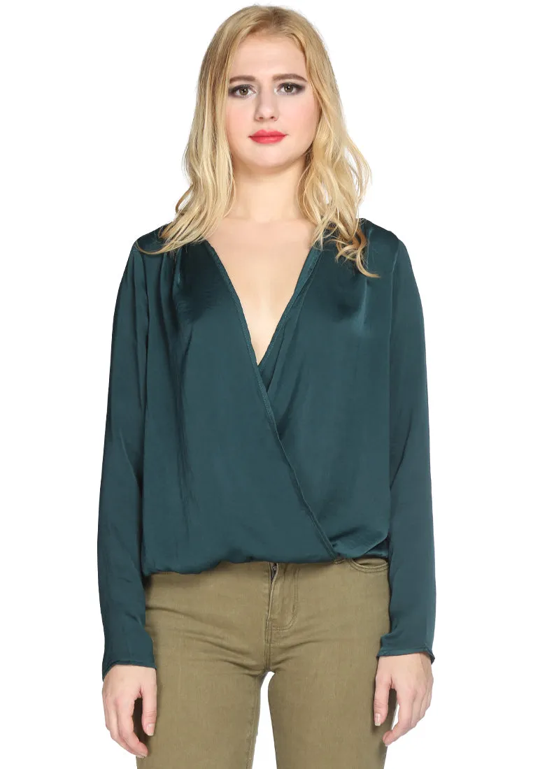 Green Satin Surplice Neck Casual Top