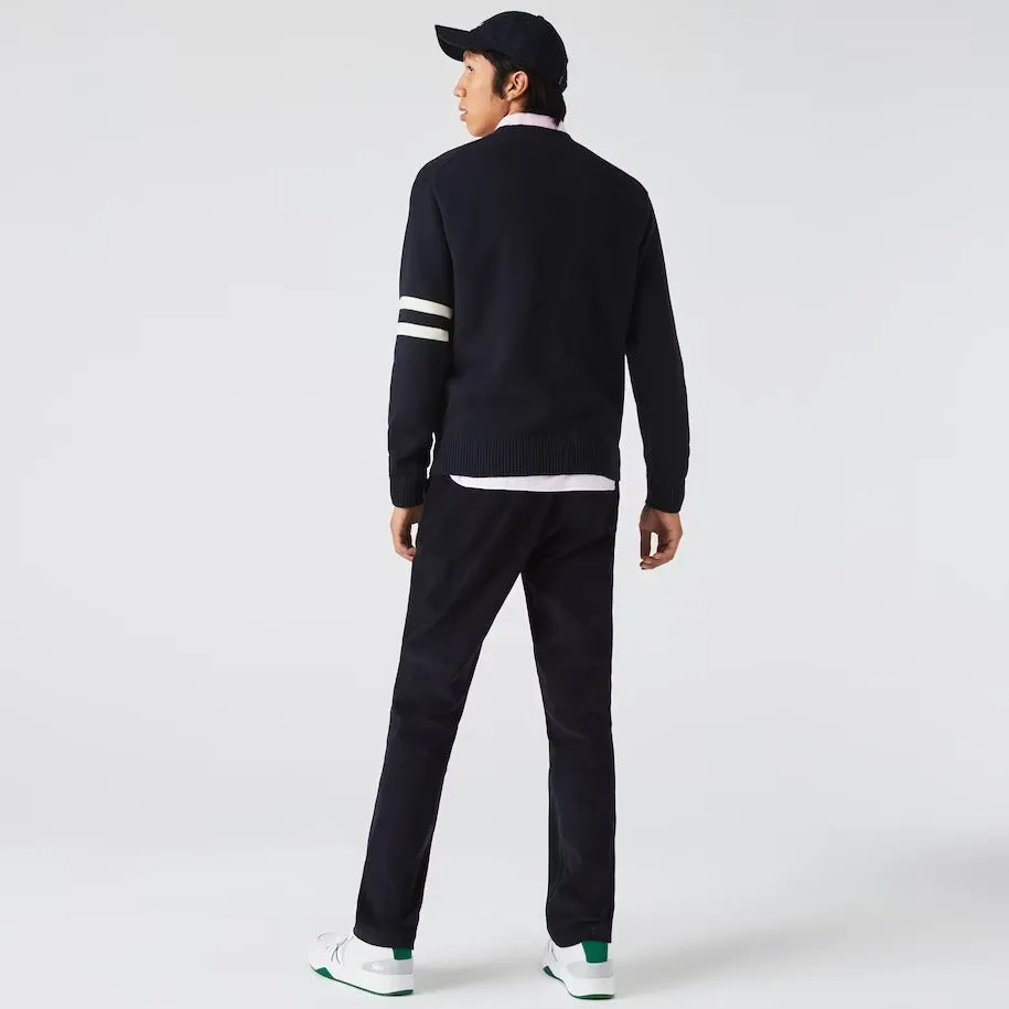 Lacoste Mens Crew Neck Pennants L Badge Wool And Cotton Sweater Navy Blue/Beige AH6789 KTZ