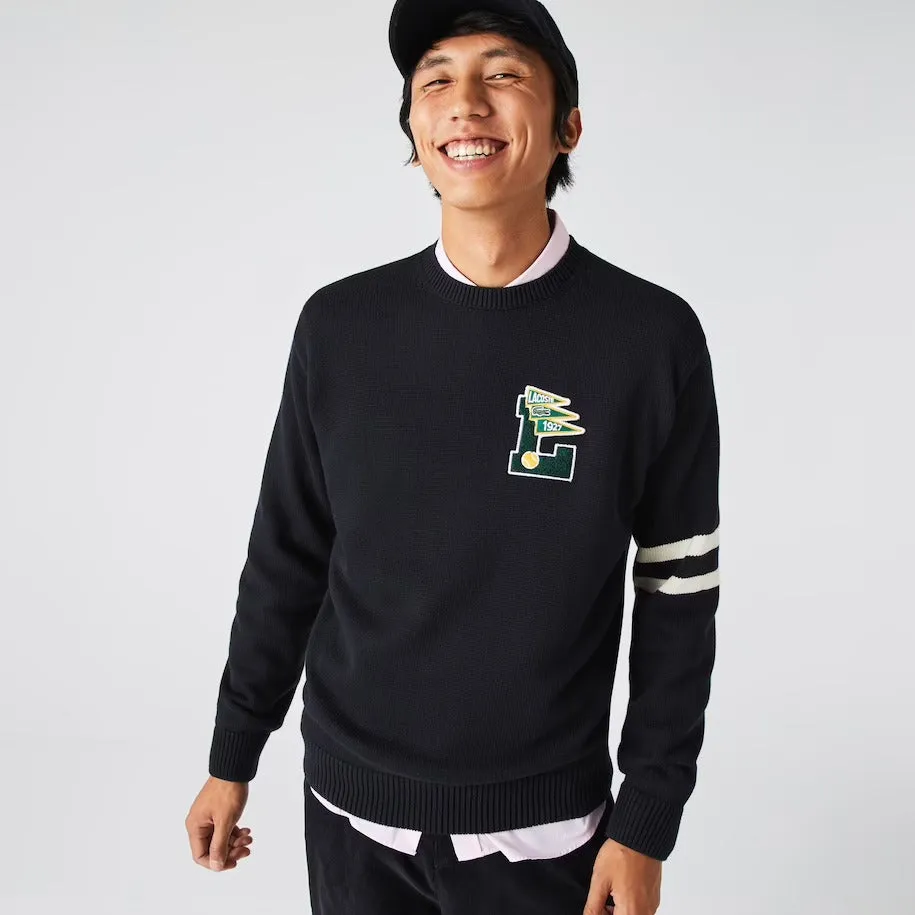 Lacoste Mens Crew Neck Pennants L Badge Wool And Cotton Sweater Navy Blue/Beige AH6789 KTZ