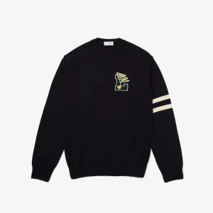 Lacoste Mens Crew Neck Pennants L Badge Wool And Cotton Sweater Navy Blue/Beige AH6789 KTZ