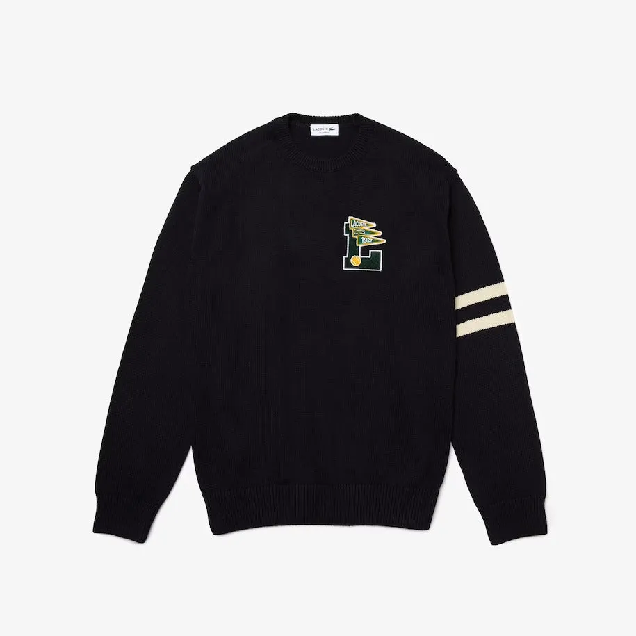 Lacoste Mens Crew Neck Pennants L Badge Wool And Cotton Sweater Navy Blue/Beige AH6789 KTZ
