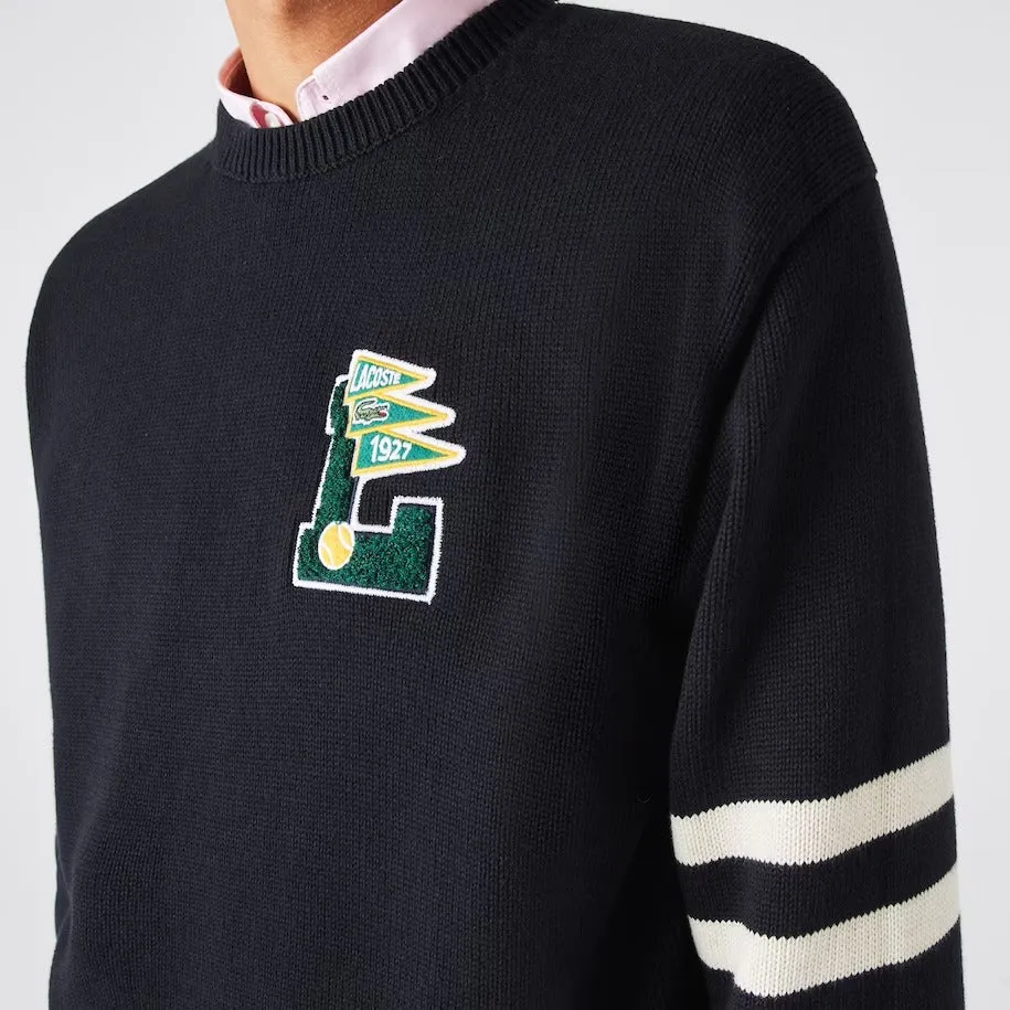 Lacoste Mens Crew Neck Pennants L Badge Wool And Cotton Sweater Navy Blue/Beige AH6789 KTZ