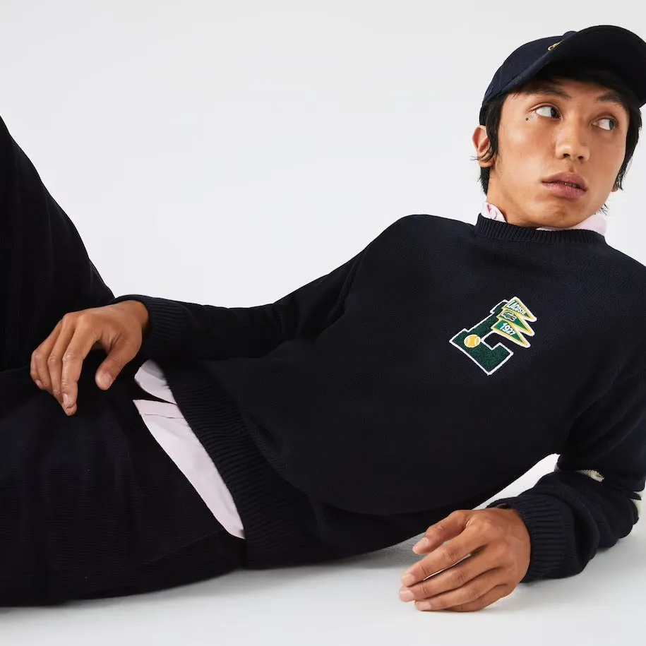 Lacoste Mens Crew Neck Pennants L Badge Wool And Cotton Sweater Navy Blue/Beige AH6789 KTZ