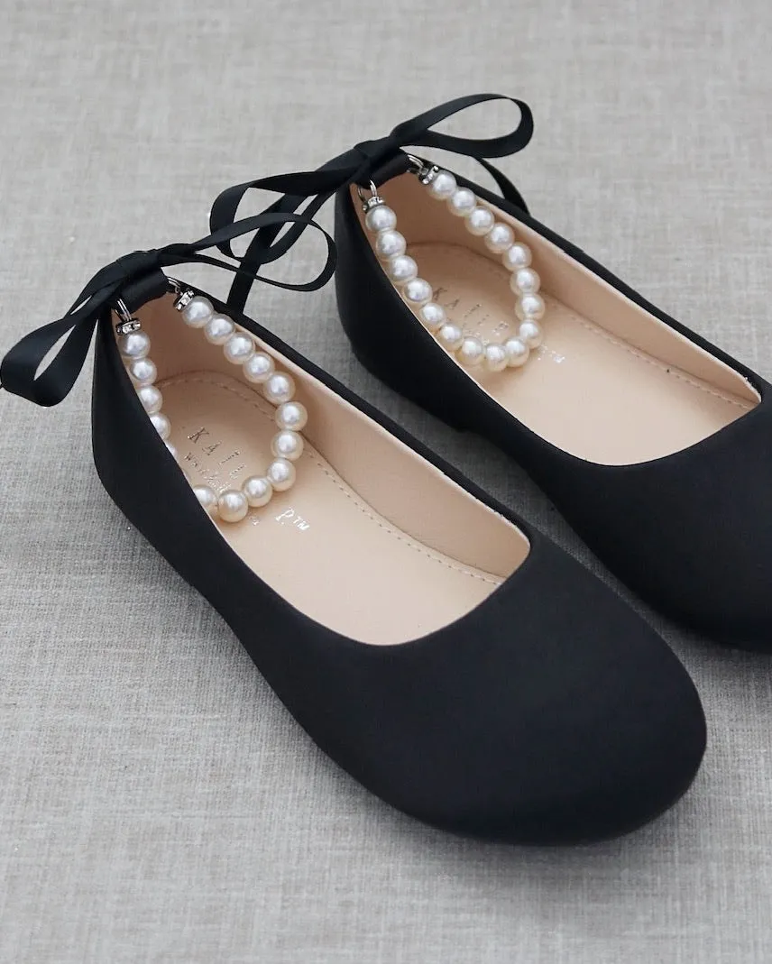 Satin Flats with Pearls Ankle Strap
