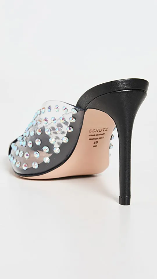 Schutz Greece Black Clear Vamp Rhinestones Pointed Toe Stiletto Heel Mule Pumps