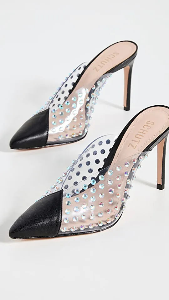 Schutz Greece Black Clear Vamp Rhinestones Pointed Toe Stiletto Heel Mule Pumps