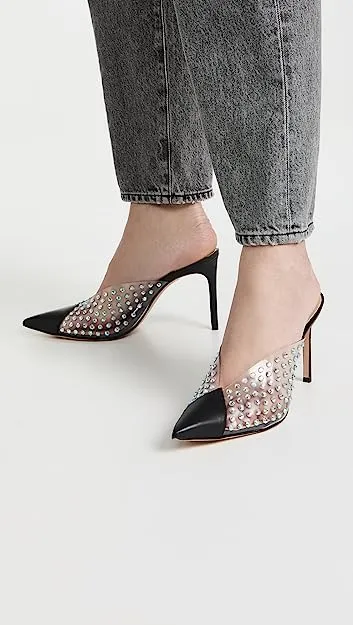 Schutz Greece Black Clear Vamp Rhinestones Pointed Toe Stiletto Heel Mule Pumps