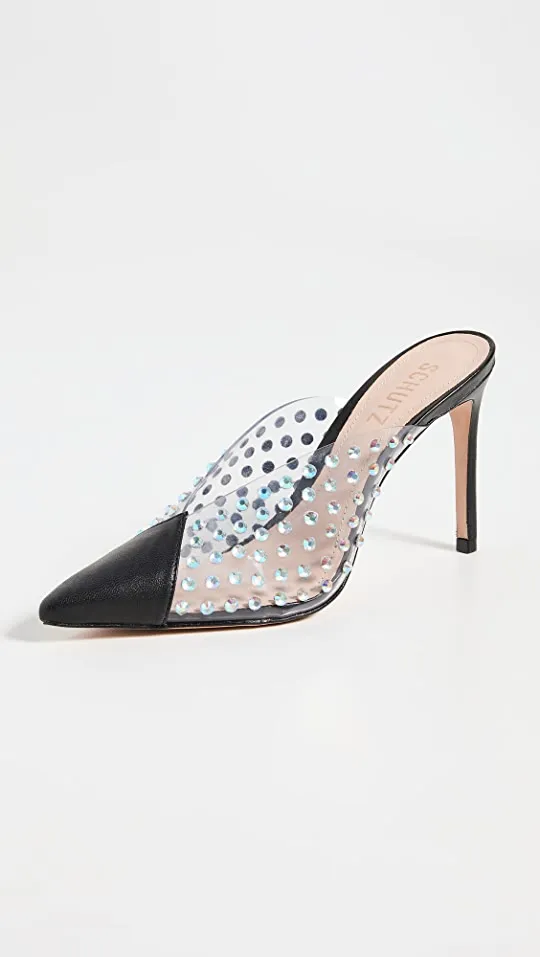 Schutz Greece Black Clear Vamp Rhinestones Pointed Toe Stiletto Heel Mule Pumps