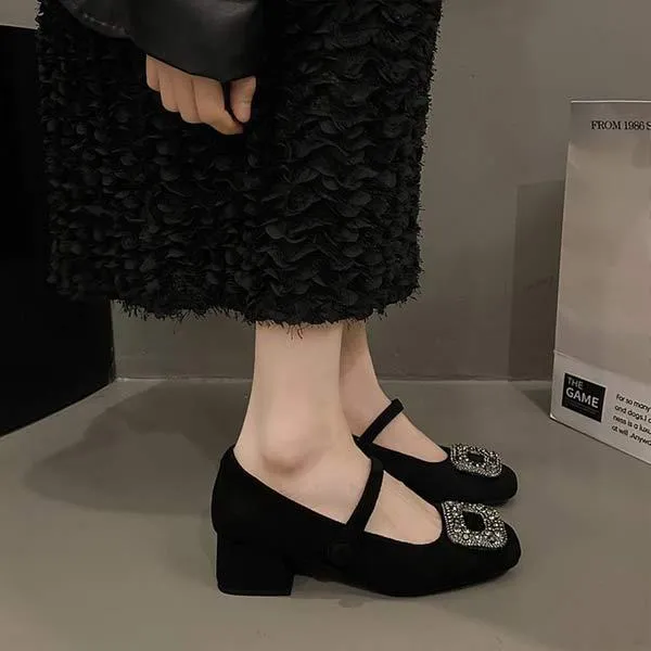 Women's Mid-Heel Chunky Heel Square Buckle Rhinestone Mary Jane Shoes 76140173C