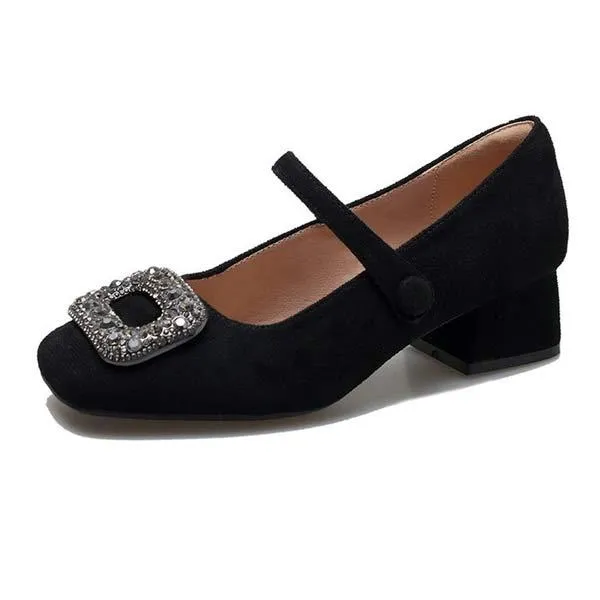 Women's Mid-Heel Chunky Heel Square Buckle Rhinestone Mary Jane Shoes 76140173C
