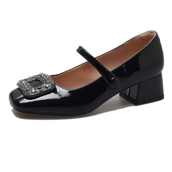 Women's Mid-Heel Chunky Heel Square Buckle Rhinestone Mary Jane Shoes 76140173C