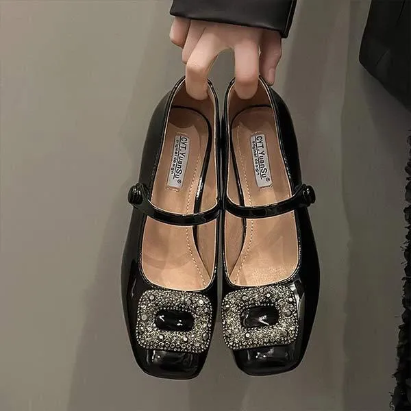Women's Mid-Heel Chunky Heel Square Buckle Rhinestone Mary Jane Shoes 76140173C