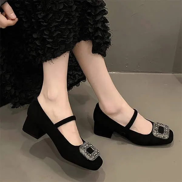 Women's Mid-Heel Chunky Heel Square Buckle Rhinestone Mary Jane Shoes 76140173C