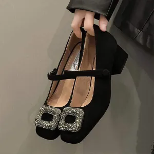Women's Mid-Heel Chunky Heel Square Buckle Rhinestone Mary Jane Shoes 76140173C