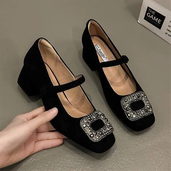 Women's Mid-Heel Chunky Heel Square Buckle Rhinestone Mary Jane Shoes 76140173C