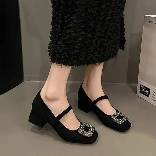 Women's Mid-Heel Chunky Heel Square Buckle Rhinestone Mary Jane Shoes 76140173C