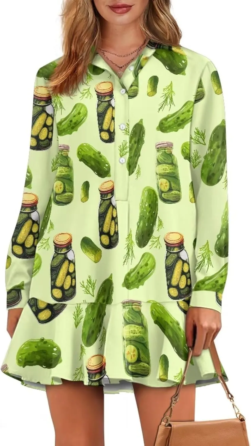 Youngerbaby Shirt Dresses for Women Long Sleeve Mini Dresses with Pockets Ruffee Hem Dresses S-2XL