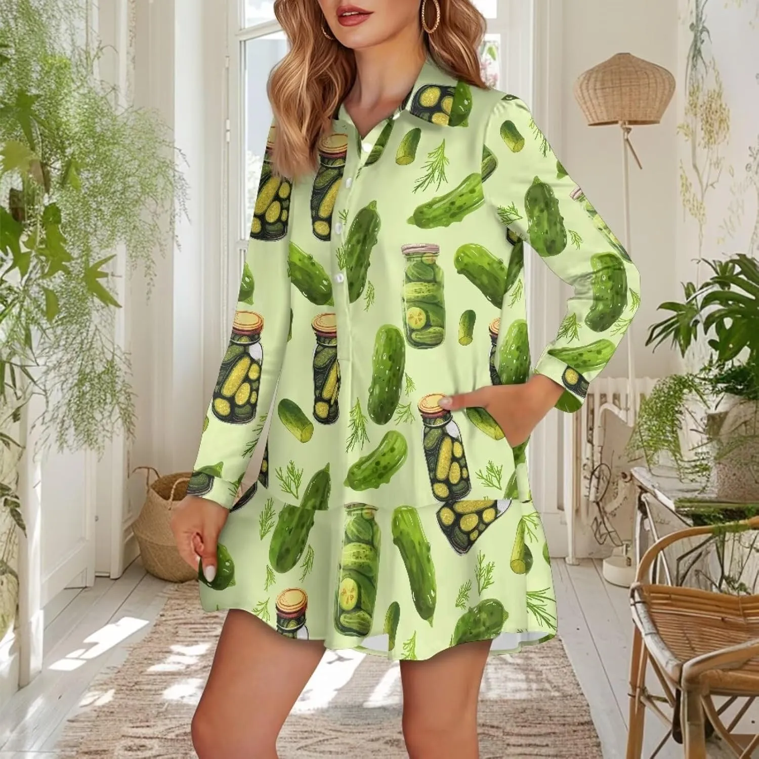 Youngerbaby Shirt Dresses for Women Long Sleeve Mini Dresses with Pockets Ruffee Hem Dresses S-2XL