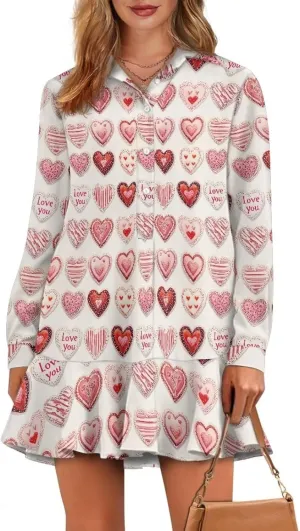 Youngerbaby Valentine's Day Shirt Dresses for Woman Ruffle Hem Dresses with Pockets Long Sleeve Mini Dress S-2XL
