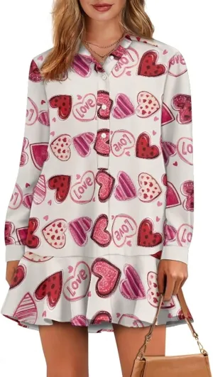 Youngerbaby Valentine's Day Shirt Dresses for Woman Ruffle Hem Dresses with Pockets Long Sleeve Mini Dress S-2XL