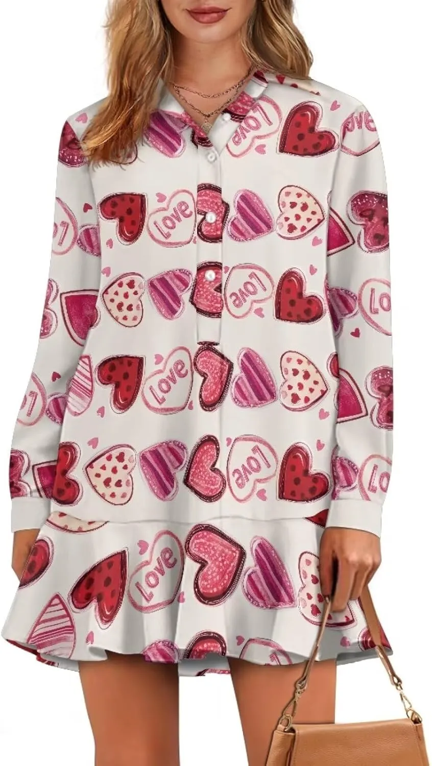 Youngerbaby Valentine's Day Shirt Dresses for Woman Ruffle Hem Dresses with Pockets Long Sleeve Mini Dress S-2XL