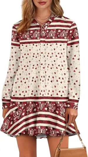 Youngerbaby Valentine's Day Shirt Dresses for Woman Ruffle Hem Dresses with Pockets Long Sleeve Mini Dress S-2XL