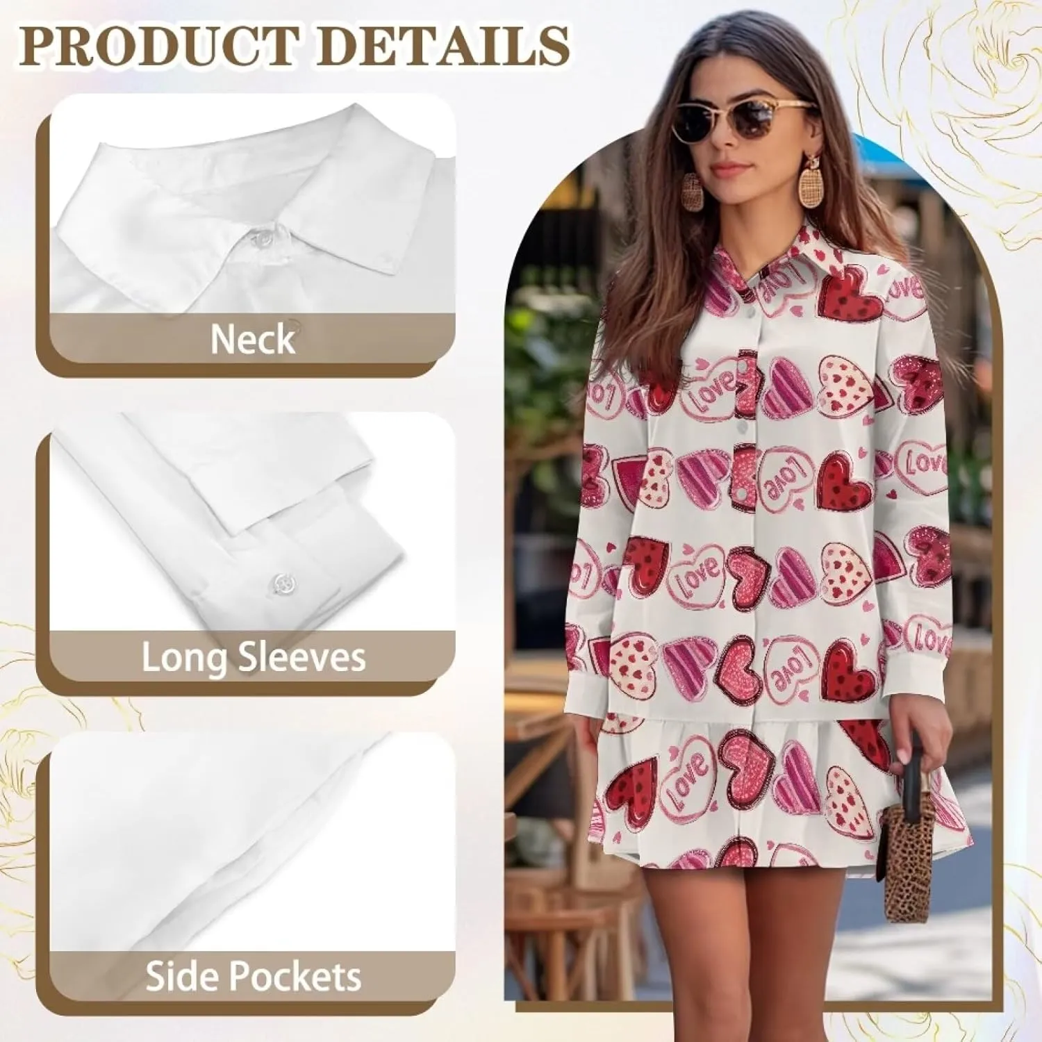 Youngerbaby Valentine's Day Shirt Dresses for Woman Ruffle Hem Dresses with Pockets Long Sleeve Mini Dress S-2XL