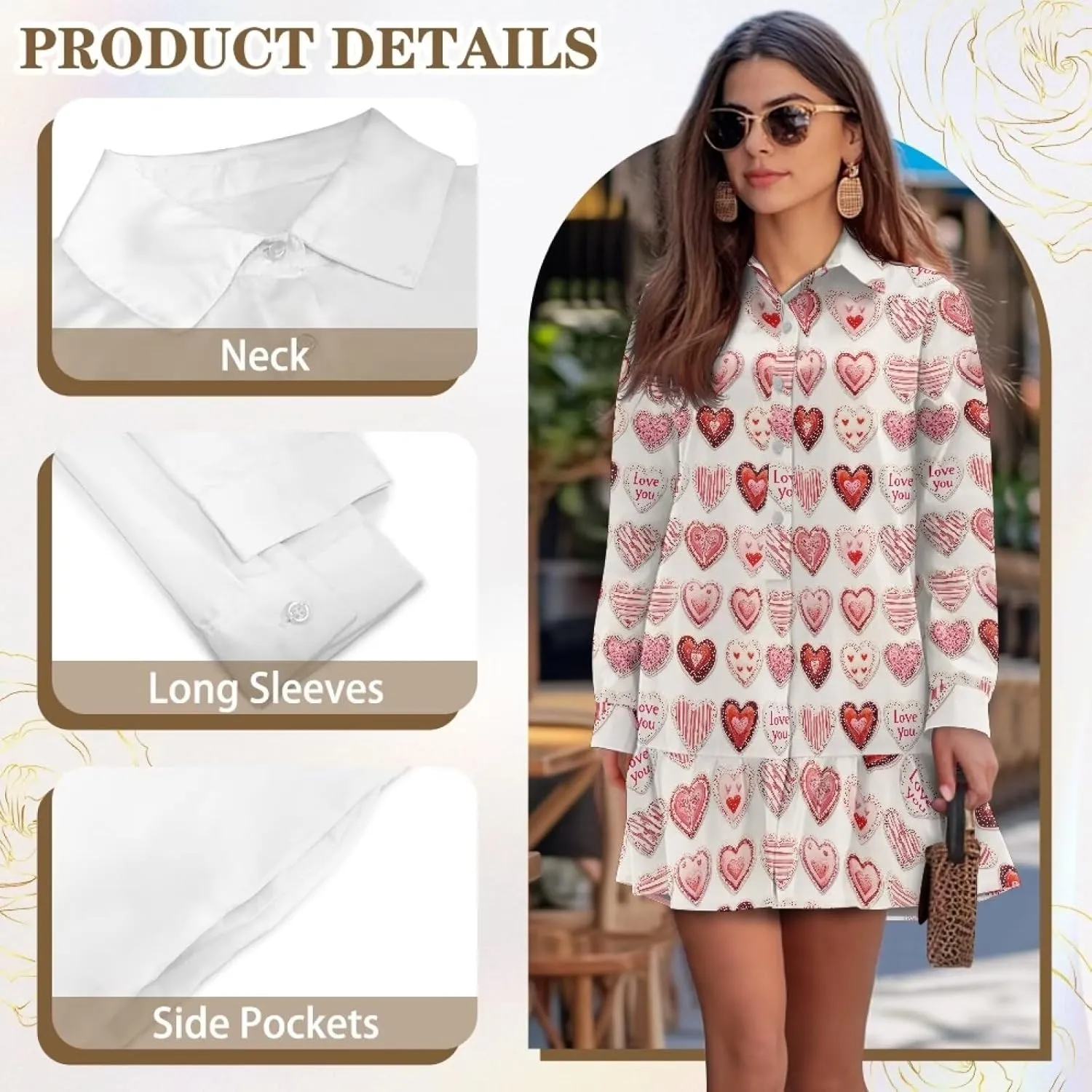 Youngerbaby Valentine's Day Shirt Dresses for Woman Ruffle Hem Dresses with Pockets Long Sleeve Mini Dress S-2XL