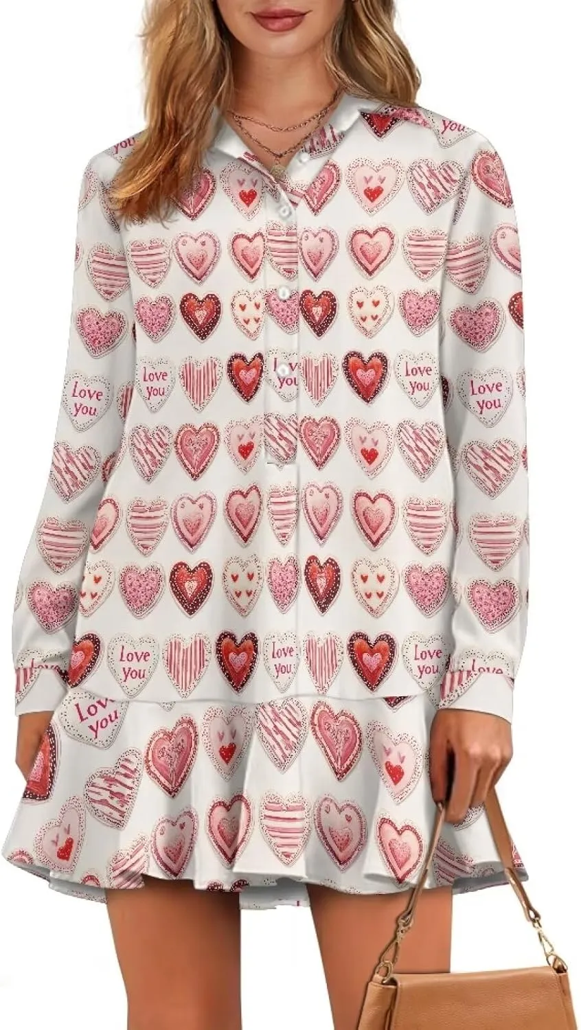 Youngerbaby Valentine's Day Shirt Dresses for Woman Ruffle Hem Dresses with Pockets Long Sleeve Mini Dress S-2XL