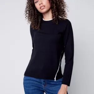 Zipper Detail Crew Neck Sweater